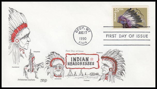 2501 - 2505 / 25c Indian Headdresses Set of 5 Aristocrat Cachets 1990 First Day Covers