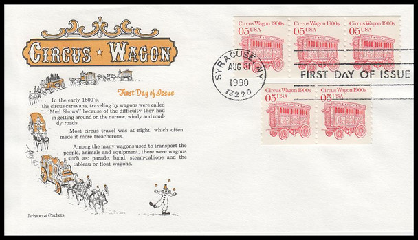 2452 / 5c Circus Wagon Clown 1900s Coil Strips 1990 Aristocrat Cachets First Day Cover