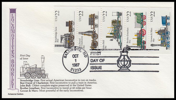 2366a / 22c Locomotives Se-Tenant Booklet Aristocrat Cachets 1987 First Day Cover