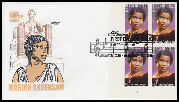 3896 / 37c Marion Anderson : Black Heritege Plate Block w / insert card 2005 Artmaster First Day Cover