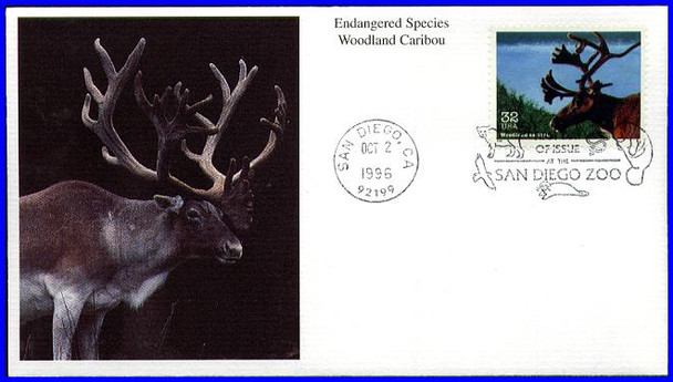 3105l / 32c Woodland Caribou : Endangered Species 1996 Mystic First Day Cover