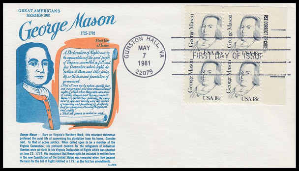 1858 / 18c George Mason Block 1981 GAMM First Day Cover