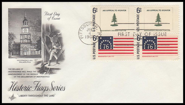 1345 - 1354 / 6c Colonial Historic American Flags Pair Blocks on 5 Artcraft 1968 FDCs