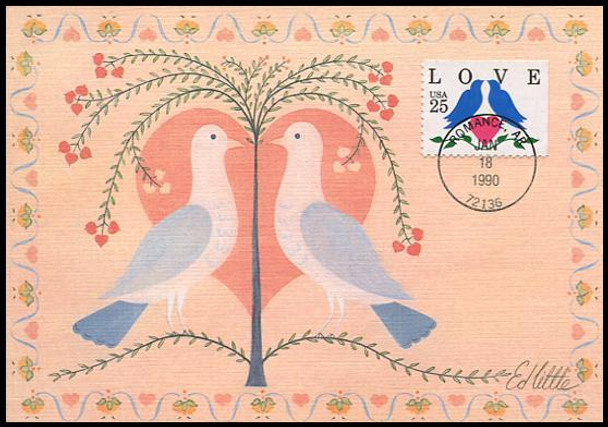 2441 / 25c Lovebirds and Heart Booklet Single Love Series 1990 Fleetwood First Day of Issue Maximum Card