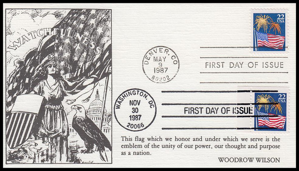 2276 & 2276a / 22c Flag With Fireworks Dual Issue 1987 K.M.C. Venture First Day Cover #2