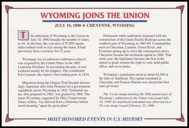 897 & 2444 / Wyoming Joins The Union Encapsulated Stamps PCS Event Cover w / info card