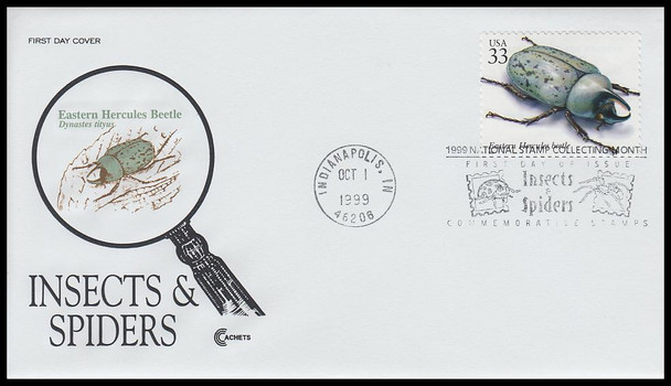 3351p / 33c Eastern Hercules Beetle : Insects and Spiders 1997 Cover Craft Cachets FDC With Insert Card (Limited Edition of Only 140 Made)