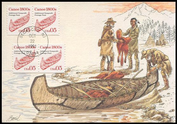 2454 / 5c Canoe 1800s Coil Pair Transportation Series 1991 Fleetwood First Day of Issue Maximum Card