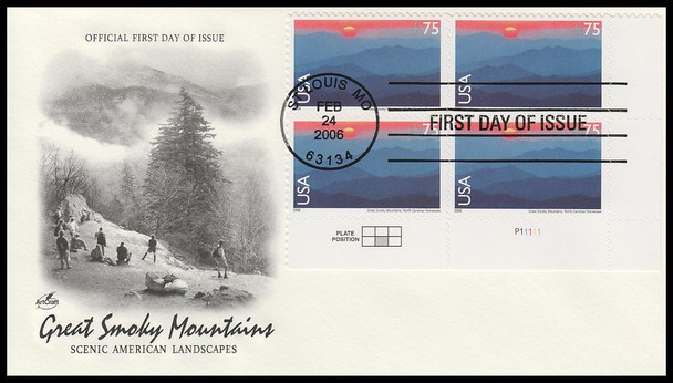 C140 / 75c Great Smoky Mountains Airmail Plate Block Artcraft 2006 First Day Cover