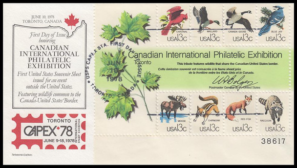 1757 / 13c CAPEX Wildlife Souvenir Sheet Plate Block 1978 Aristocrat Cachets First Day Cover