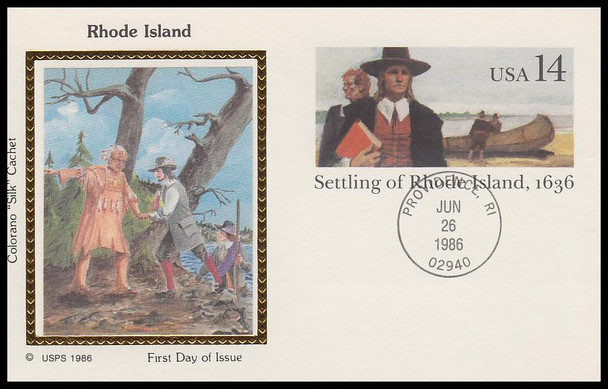 UX112 / 14c Settling of Rhode Island 1986 Colorano Silk Postal Card FDC