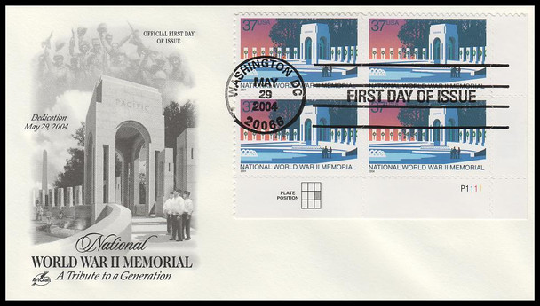 3862 / 37c National World War II Memorial Plate Block 2004 Artcraft First Day Cover
