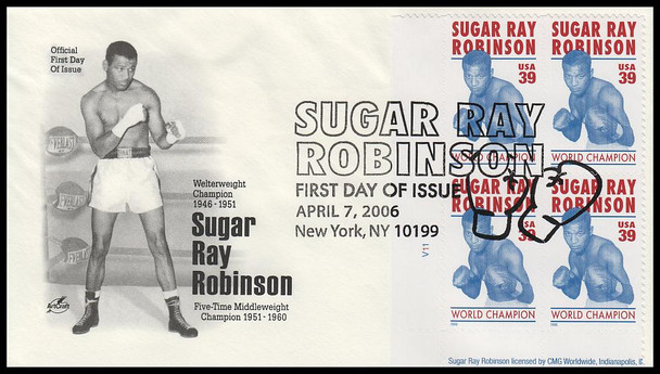 4020 / 39c Sugar Ray Robinson : Professional Boxer Plate Block 2006 Artcraft First Day Cover
