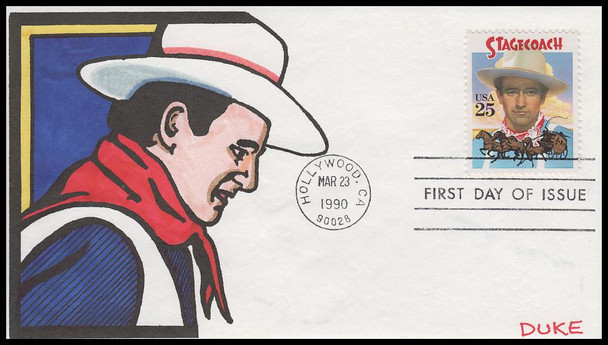 2448 / 25c Stagecoach : John Wayne 1990 Ples Cachets Hand-Painted First Day Cover