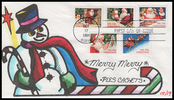 2580 - 2585 /  29c Santa Claus : Christmas 1991 Set of 2 Ples Cachets Hand-Painted & Not Painted FDCS #15 of 19