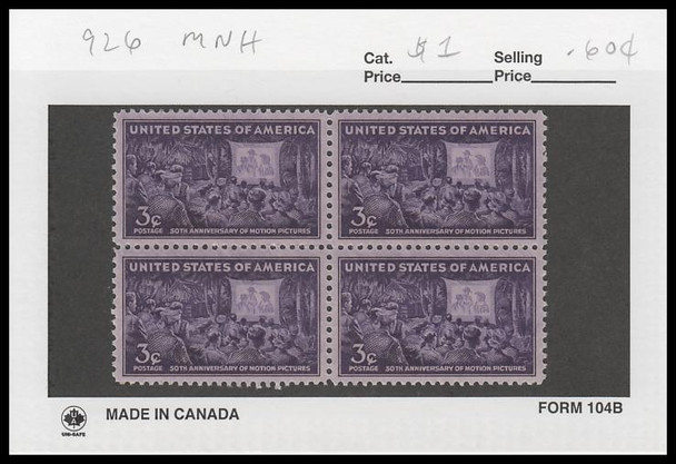 0926 / 3c 50th Anniversary of Motion Pictures Block 1944 Mint Never Hinged Condition
