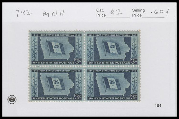 0942 / 3c Iowa Centennial Block 1946 Mint Never Hinged Condition