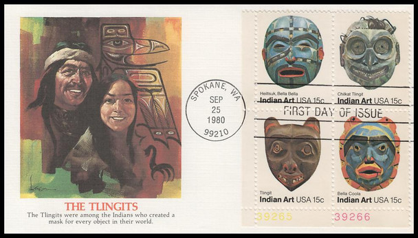 1837a / 15c Pacific Northwest Indian Masks 1980 Set of 4 All Corners Plate Blocks Fleetwood First Day Covers