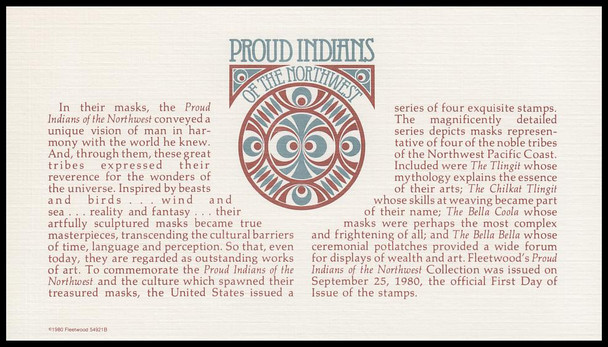 1837a / 15c Pacific Northwest Indian Masks 1980 Set of 4 All Corners Plate Blocks Fleetwood First Day Covers