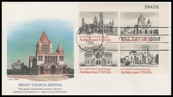 1841a / 15c American Architecture 1980 Set of 4 All Corners Plate Blocks Fleetwood First Day Covers