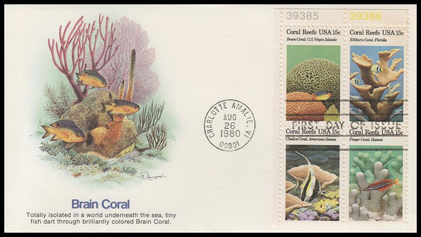 1830a / 15c Coral Reef 1980 Set of 4 All Corners Plate Blocks Fleetwood First Day Covers