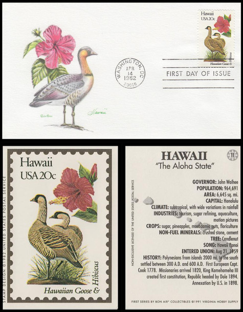 1963 / 20c Hawaii : State Birds & Flowers 1982 w/ trading card Tudor House FDC