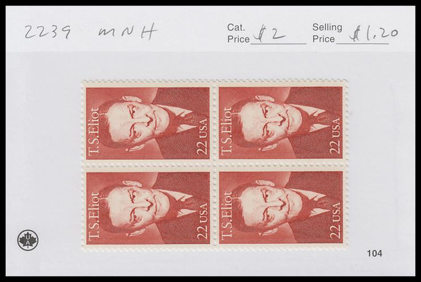 2239 / 22c T.S. Eliot : Literary Arts Block 1986 Mint Never Hinged Condition