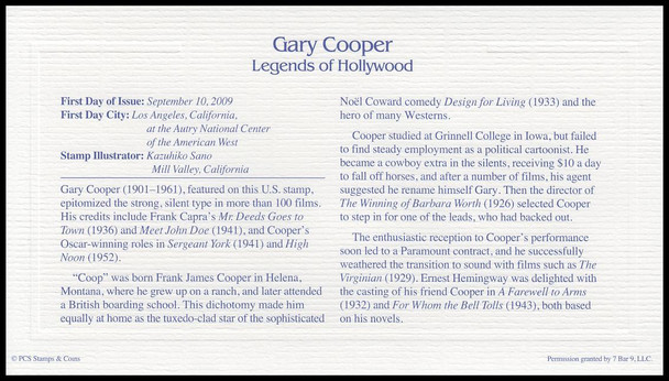 4421 / 44c Gary Cooper : Legends of Hollywood 2009 Gold Replica Postal Commemorative Society FDC with Info Card