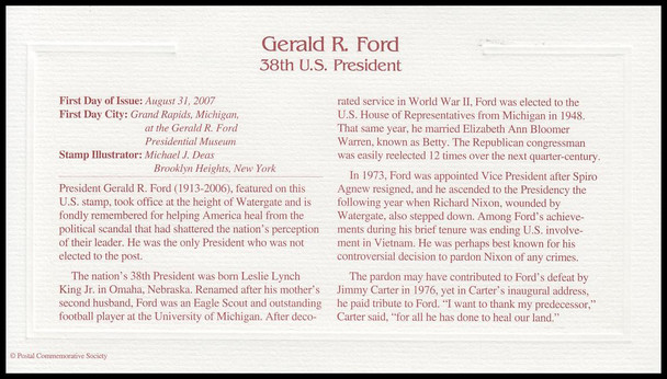 4199 / 41c President Gerald Ford 2007 Gold Replica Postal Commemorative Society FDC with Info Card