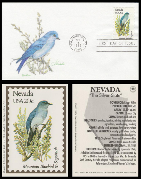 1980 / 20c Nevada : State Birds & Flowers 1982 w/ trading card Tudor House FDC
