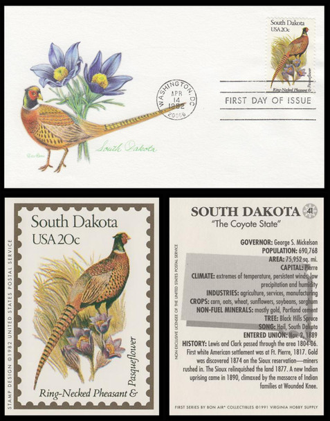 1993 / 20c South Dakota : State Birds & Flowers 1982 w/ trading card Tudor House FDC