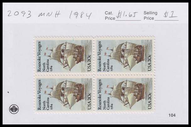 2093 / 20c Roanoke Voyages Block 1984 Mint Never Hinged Condition