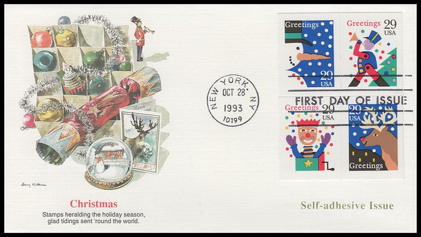 2802b / 29c Greetings : Christmas 1993 Self-adhesive Fleetwood FDC