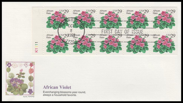 2486a / 29c African Violets Booklet Pane 1993 Fleetwood First Day Cover