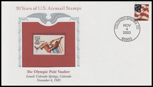C112 / 35c Olympic Pole Vaulter Airmail PCS Commemorative Cover 2003 and Info Card C112 / 35c Olympic Pole Vaulter Airmail PCS Commemorative Cover 2003 and Info Card