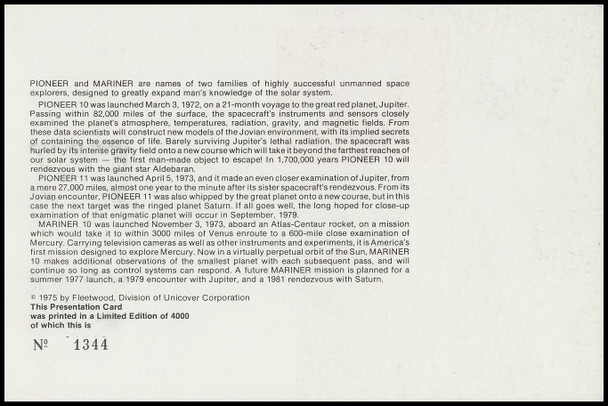 1556 - 1557 / 10c Pioneer 10 and Mariner 10 Dual Issue 1975 Limited Edition Presentation Card Fleetwood FDC #3229 of 4000