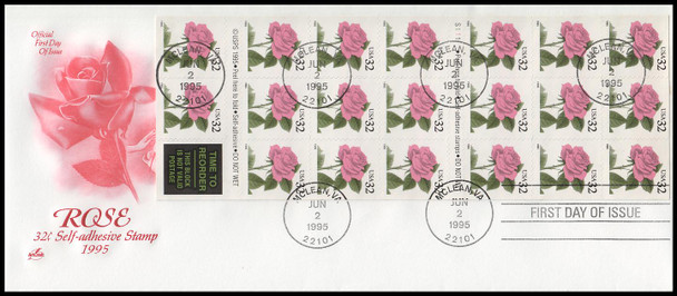 2492a / 32c Pink Rose PSA Booklet Pane 1995 on #10 Artcraft First Day Cover