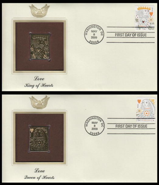 4404 - 4405 / 44c King and Queen of Hearts 2009 Set of 2 Gold Replica Postal Commemorative Society FDCs with info cards