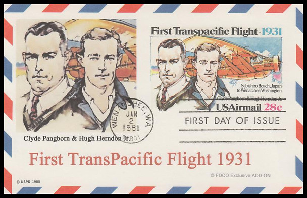 UXC19 / 28c First Transpacific Flight Airmail 1981 FDCO Exclusive ADD-ON FDC Postal Card