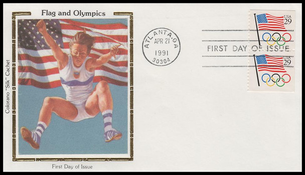 2528 / 29c Flag with Olympic Rings Booklet Pair 1991 Colorano Silk FDC