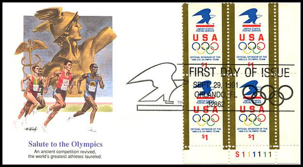 2539 / $1 USPS Logo & Olympic Rings Plate Block 1991 Fleetwood FDC
