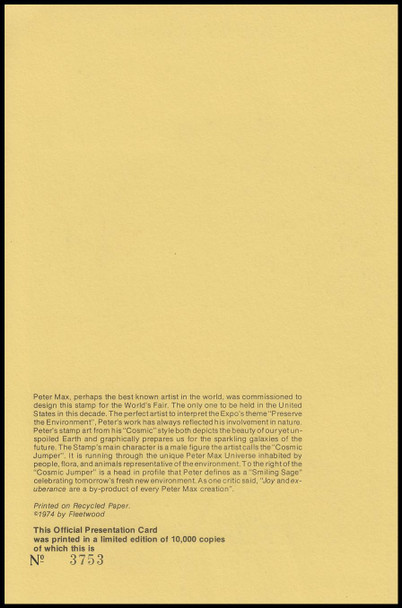 1527 / 10c EXPO '74 : Peter Max 1974 Limited Edition Presentation Card Fleetwood FDC #3753