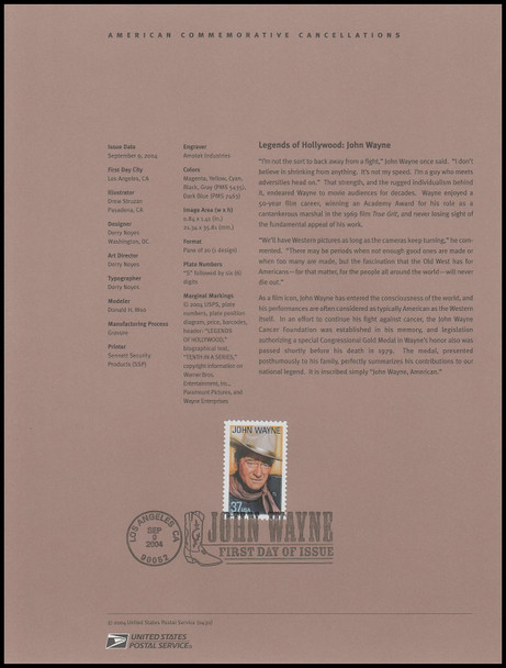 3876 / 37c John Wayne : Legends of Hollywood Series 2004 USPS #0430 Souvenir Page