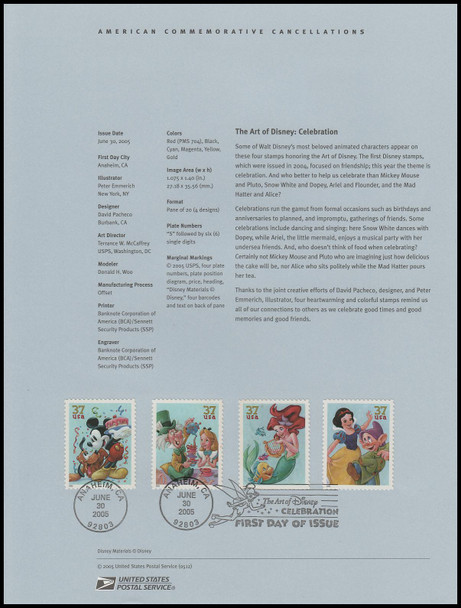 3912 - 3915 / 37c Celebration : Art of Disney 2005 USPS #0512 Souvenir Page