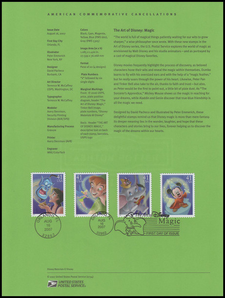 4192 - 4195 / 41c Magic : Art of Disney 2007 USPS #0734 Souvenir Page