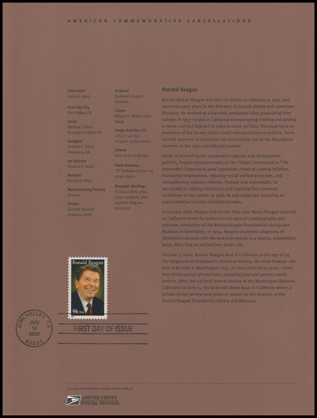 4078 / 39c Ronald Reagan 2006 USPS #0634 Souvenir Page
