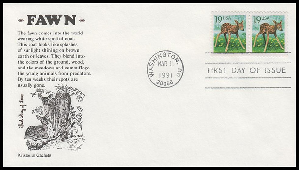 2479 / 19c Fawn Pair 1991 Aristocrat Cachets First Day Cover