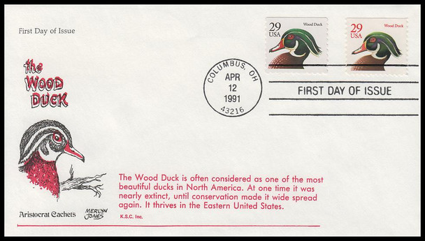 2484 - 2485 / 29c Wood Duck Combination 1991 Aristocrat Cachets First Day Cover