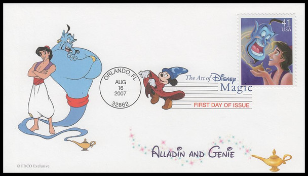 4195 / 41c Aladin and Genie : Magic : The Art of Disney 2007 Digital Color Postmark FDCO Exclusive FDC