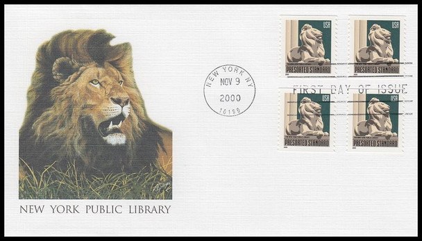 3447 / 10c New York Public Library Lion Coils 2000 Fleetwood FDC